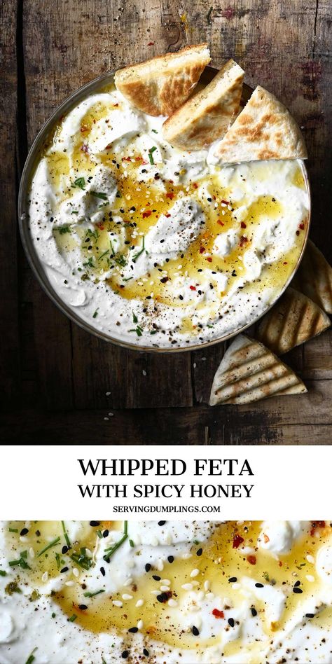 Whipped feta dip with spicy honey Whipped Feta Dip, Pasta Italiana, Feta Dip, Whipped Feta, Spicy Honey, Yummy Appetizers, A Drink, I Love Food, Appetizer Snacks