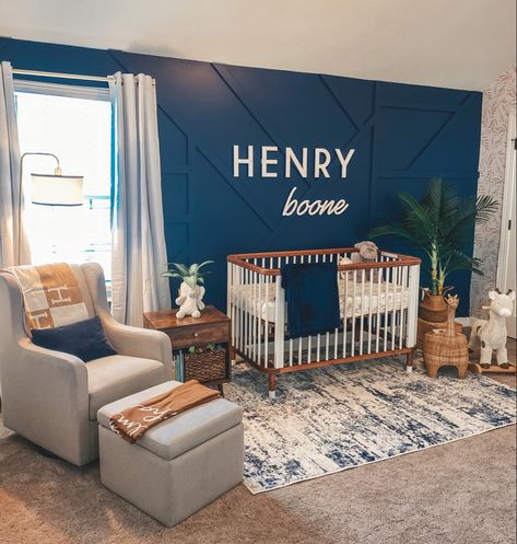 White And Navy Nursery, Navy White Nursery, Navy Wall With Green Accents, Navy Themed Nursery, Brown And Navy Nursery, Dark Blue Nursery Wall, Nursery Navy Accent Wall, Navy Accent Nursery, Navy Grey Nursery