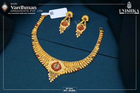 The timeless beauty of this 22k gold Kalkatti set lies in its intricately designed necklace and matching earrings, adorned with delicate motifs and meticulously placed diamonds for an opulent touch. For more details visit our website - https://www.enishka.com 18kt Gold Jewelry, Designers Jewelry Collection, Buy Gold Jewelry, Designer Diamond Jewellery, Online Gold Jewellery, Minimal Jewelry, Latest Jewellery, Solid Gold Jewelry, Jewelry Online Shopping