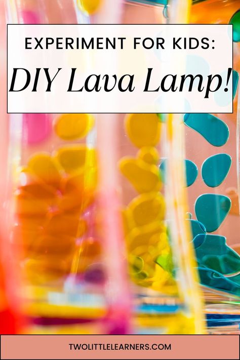 Read all about how to make a lava lamp experiment for kids. Find out how to make a DIY lava lamp for kids! This science experiment for kids is fun and simple! Read more about making a homemade lava lamp at twolittlelearners.com Kids Lava Lamp Experiment, Homemade Lava Lamp Kids, Light Energy Experiments For Kids, Homemade Science Experiments Kids, Easy Kid Science Experiments, Lava Lamps Diy, Diy Lava Lamp For Kids, Light Experiments For Kids, Lava Lamp Experiment For Kids