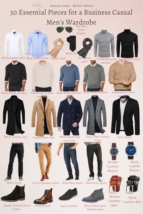 Essential Work Wardrobe Items Every Man Needs: Boost Your Professional Look - Modest and Minimalist Business Casual Men Work, Jeans Wardrobe, Capsule Wardrobe Men, Business Casual Attire For Men, Men's Capsule Wardrobe, Business Casual Jeans, Best Man's Outfit, Mens Wardrobe Essentials, Business Casual Winter