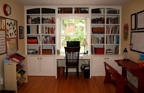 Love this bookshelf with desk in front of a window Builtin Bookshelves, Basement Finishing Systems, Refurbished Desk, Desk Spaces, Kitchenette Design, Window Desk, Library Desk, Billy Bookcase, Home Gym Design