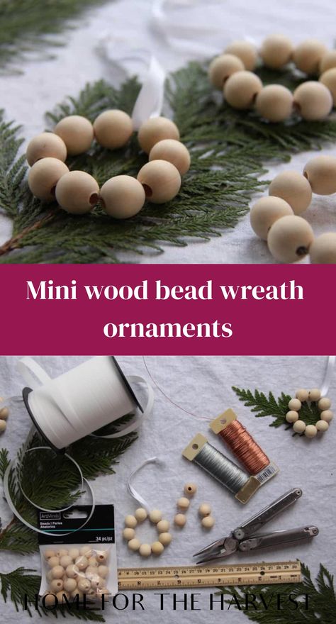 Wood Bead Wreath Ornament, Diy Beaded Wreath, Wood Bead Projects Diy, Wooden Bead Wreath Ideas, Wooden Bead Wreath Diy, Wooden Bead Ornaments Diy, Wood Bead Ornaments Diy, Small Wreath Ideas, Beaded Christmas Ornaments Diy