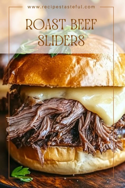 These delicious roast beef sliders are quick to prepare and packed with flavor. Perfect for parties, game days, or a simple family dinner, they combine tender roast beef, melted cheese, and optional caramelized onions, all nestled in soft slider buns. Roast Beef Sliders Hawaiian Rolls, Beef On A Bun, Grilled Roast Beef, Sliders Recipes Beef, Tender Roast Beef, Roast Beef Sliders, Roast Beef Dinner, Pulled Beef, Beef Sliders