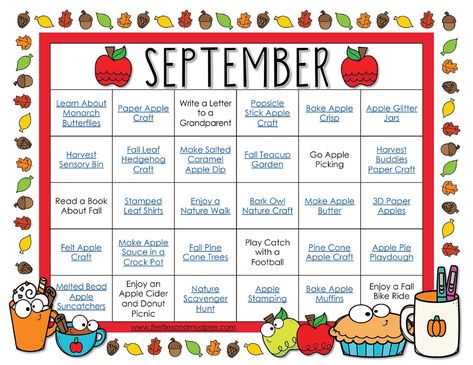 Free Printable September Activity Calendar - Perfect for September craft and activity ideas! #september #kidsactivities #freeprintable September Science Experiments Preschool, Fun September Crafts For Kids, September Theme Preschool, Fun September Activities For Kids, September Homeschool Crafts, September Learning Themes, Crafts For September For Seniors, September Daycare Activities, September Family Activities