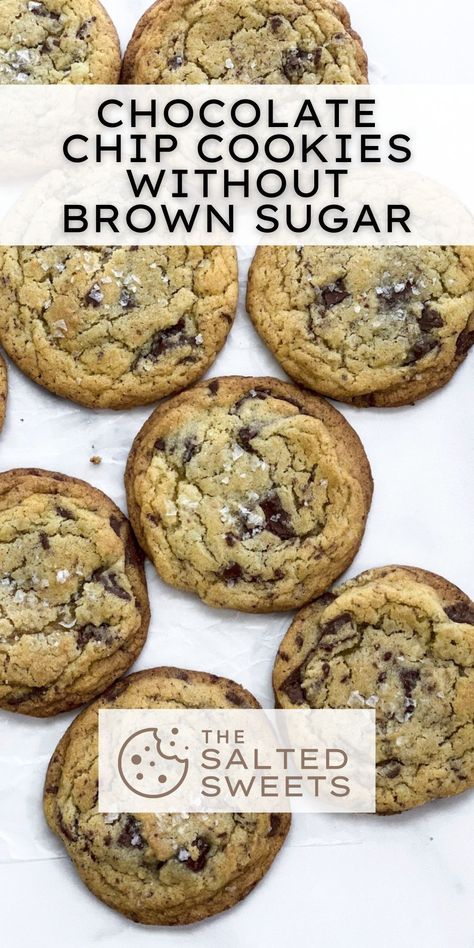 These chocolate chip cookies (without brown sugar) are an easy to make cookie that's very soft and chewy on the inside, with a crispy outside. A perfect classic that will soon become a staple in your kitchen! Chocolate Chip Peanut Butter Cookies Without Brown Sugar, No Sugar Chocolate Chip Cookies, Desserts Without Brown Sugar, Chocolate Chip Cookies Recipe No Brown Sugar, Chocolate Chip Cookies Recipe Without Brown Sugar, No Brown Sugar Cookies, No Brown Sugar Chocolate Chip Cookies, Cookies Recipes Without Brown Sugar, Cookie Recipes No Brown Sugar