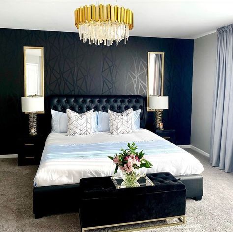 Pooja (@hautehousedecor) posted on Instagram: “Loving these outside the box bedrooms! That black wallpaper 🙌 1 @anya_gc_elegancy 2 @mrsjoyclary #bedroomdecor #livingroomdecor…” • Aug 30, 2021 at 6:09pm UTC Master Bedrooms Decor Unique, Black Wallpaper Bedroom, Black Accent Wall, Black Walls Bedroom, Black And White Bedroom, Glam Bedroom Decor, Black Accent Walls, Luxury Room Bedroom, Bedroom Minimalist