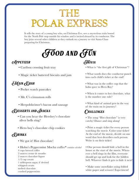 Polar Express Food, Family Movie Night Themes, Disney Movie Night Menu, Polar Express Christmas Party, Disney Themed Movie Night, Disney Movie Night Food, Polar Express Movie, Disney Movie Night Dinner, Movie Night Dinner