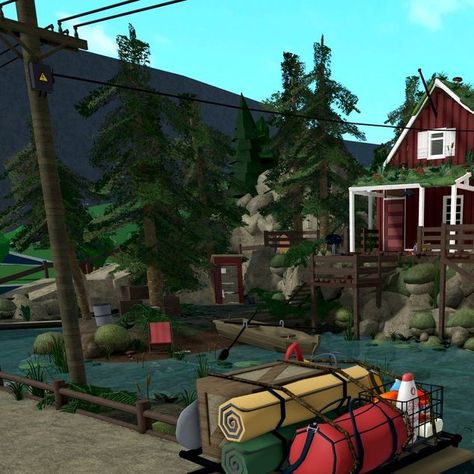 Cabin In The Woods Bloxburg, Camp Layout Bloxburg, Bloxburg Forest Cottage, Bloxburg Cabin House Ideas, Summer Camp Bloxburg Layout, Bloxburg Summer Camp Ideas, Bloxburg Campsite Ideas, Bloxburg Campsite Layout, Log Cabin Bloxburg