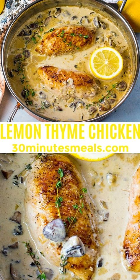 Lemon Braised Chicken, Creamy Thyme Chicken, Chicken Recipes With Fresh Thyme, Recipes That Use Thyme, Lemon Thyme Pasta, Baked Chicken With Lemon And Herbs, Chicken And Thyme Recipes, Honey Thyme Chicken, Rosemary And Thyme Chicken