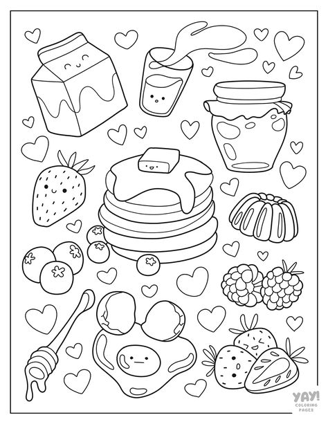 Kawaii food with pancakes Kawaii Coloring Pages Free Printable, Kawaii Coloring Pages, Hello Kitty Colouring Pages, Food Coloring Pages, Kitty Coloring, Coloring Pages Free Printable, Colouring Printables, Easy Coloring Pages, Easy Doodles Drawings