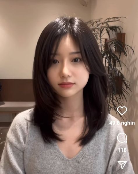 Haircuts Straight Hair Women, Korean Haircut No Bangs, Asian Haircut Women Round Faces, Korean Haircut For Round Face For Women, Curtain Bangs Short Hair Oval Face, Straight Middle Length Hair, Kpop Layered Haircut, Chest Level Haircut Women, Layer Haircut For Round Face