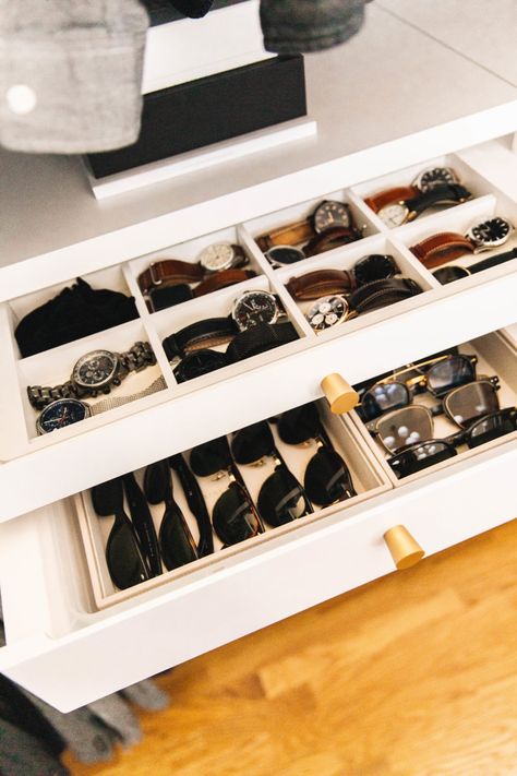 Master Closet Reveal: Our His & Hers Closet Sunglasses Organization, Elfa System, Mens Closet Organization, Wardrobe Management, Organizing Room, Minimalistic Room, Closet Organisation, Wardrobe Organization, Men's Closet