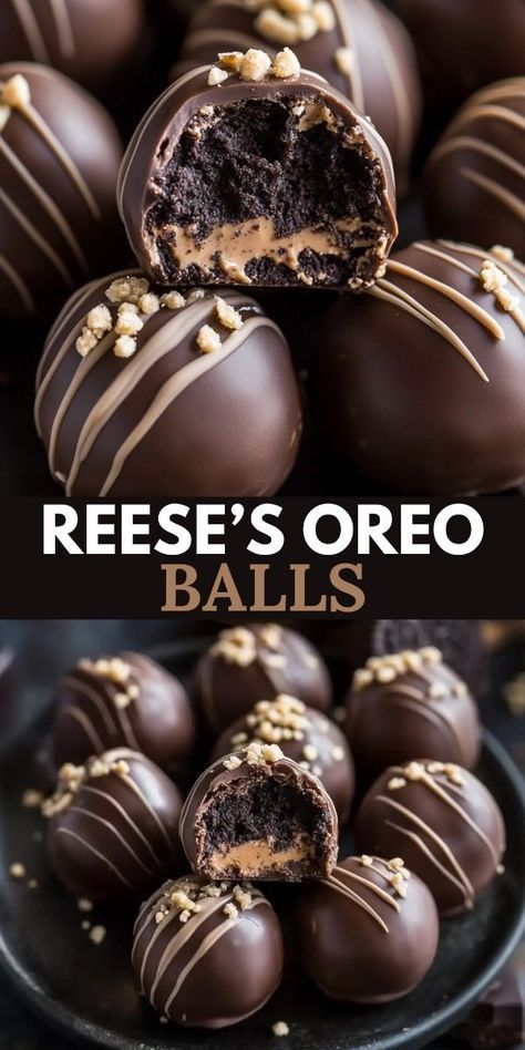 These Reese's Oreo Balls are a decadent no-bake dessert that combines the rich flavors of Oreo cookies and Reese's peanut butter, coated in smooth chocolate.  Perfect for parties, gifting, or indulging in a sweet treat. No Bake Oreo Cookies, Baked Treats Recipes, Peanut Butter Oreo Truffles, Alcohol Food Recipes Dinner, Reese Oreo Balls, Peanut Butter Oreo Cookie Balls, Oreo Peanut Butter Balls, Peanut Butter Oreo Balls, Easy Party Desserts Quick