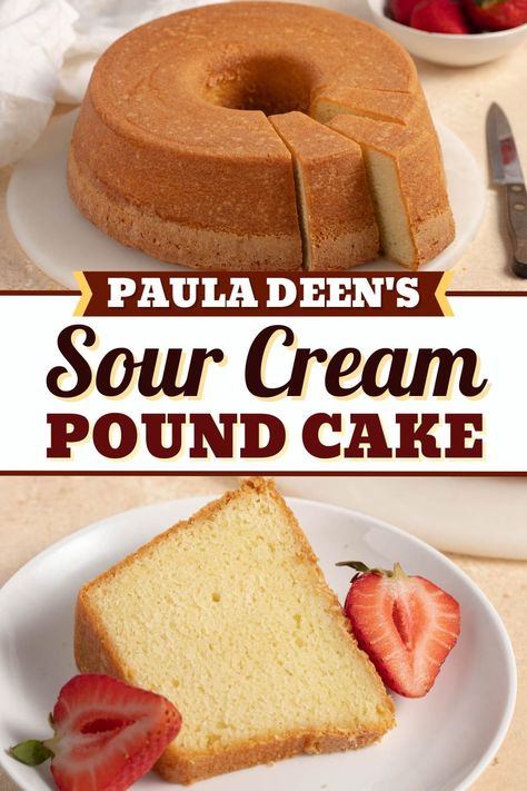 Paula Deen's sour cream pound cake is a beloved recipe that can't be topped. Learn how to make it and get tips for the very best cake. Almond Sour Cream Pound Cake, Sour Cream Pound Cake With Cake Flour, Paula Deen Cream Cheese Frosting, Sour Cream Pound Cake With Glaze, Sour Cream Pound Cake Paula Deen, Reese Witherspoon Sour Cream Cake, Sour Cream Pound Cake Recipe Paula Dean, Sour Cream Cream Cheese Pound Cake, Southern Sour Cream Pound Cake