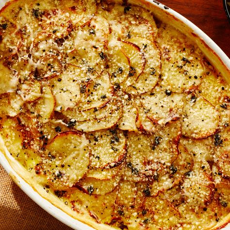 Potatoes au Gratin Recipe | Bon Appétit Make Ahead Scalloped Potatoes, Potato Gratin Recipe, Au Gratin Potato Recipes, Au Gratin Recipes, Potatoes Au Gratin, Potato Gratin, Potato Sides, Scalloped Potatoes, Potato Dishes