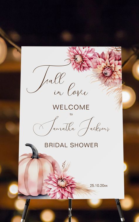 Fall in love boho bridal shower welcome sign board desert pink pumpkin dahlias autumn themed bridal Pink Fall Bridal Shower Ideas, Fall In Love Bridal Shower Balloon Arch, Fall Into Love Bridal Shower Theme, Bridal Shower Entrance, Fall In Love Baby Shower Theme Girl, Fall In Love Bridal Shower Backdrop, Fall Bridal Shower Welcome Sign, Fall Bridal Shower Decorations, Desert Pink