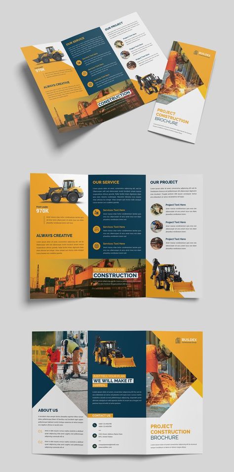 This Construction Trifold Brochure Template is for your business purpose or other sectors. All elements are well organized, so you can easily import your information. Best Trifold Brochure Design, Brochure 3 Fold Design, Sophisticated Brochure Design, Business Brochure Design Templates, Business Trifold Brochure, Brochures Design Ideas, Trifold Brochure Design Layout Creative, Broshour Design, Brochure Layout Ideas