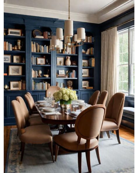 Laura Nuss • Everyday Edits | Love this library in the dining room! For a room used a few times a year this is a cozy way to rethink a dining toom for the other 360 days… | Instagram Navy Bookcase, Dining Room Turned Library, Room Decor Library, Dining Toom, Dining Room Bookshelves, Dining Room Colorful, Dark Blue Dining Room, Colorful Library, Contemporary Library