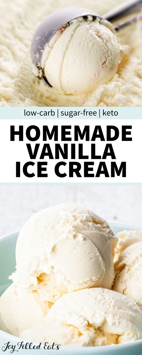 Sometimes you need a perfect, simple vanilla ice cream. My homemade Keto Vanilla Ice Cream goes well in sundaes, with pie, on top of a warm brownie, and right from the container with a spoon. This easy recipe is low carb, keto, gluten-free, grain-free, sugar-free, and Trim Healthy Mama friendly. Keto Vanilla Ice Cream, Low Carb Ice Cream Recipe, Keto Friendly Ice Cream, Ice Cream Alternative, Sugar Free Ice Cream, Ice Cream Recipes Machine, Vanilla Ice Cream Recipe, Low Carb Ice Cream, Ice Cream Mixture