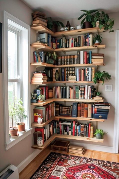 Library Room Floating Shelves, Library Studio Room, Living Room Corner Bookshelf, Corner Hanging Bookshelves, In Wall Bookcase, Library In Small Space, Bookshelf Interior Design, In House Library Ideas, Book Shelf Corner Wall