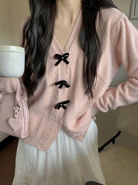 Romildi Bow Button Front Knit Cardigan, Long Sleeve Sweet Sweater For Fall & Winter - Women's Clothing - Pink Cute Pink Outfits Casual, Pink Look Outfit, Pink Outfits Winter, Pink Style Outfit, Pink Cute Outfits, Casual Outfits Pink, Aesthetic Pink Outfits, Soft Pastel Outfits, Pink Fall Outfits