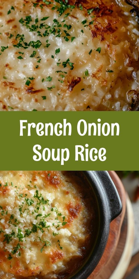 As I stirred the warm broth into the rice, the cozy aroma filled our kitchen, making my partner smile. It felt like a warm hug on a chilly evening. Sharing this French Onion Soup Rice with family brought us all together, savoring every comforting bite. Baked French Onion Rice, French Onion Rice Soup, French Onion Soup Packet Recipes, French Onion Soup Rice Recipe, Rice With French Onion Soup, Recipes With French Onion Soup, Outback French Onion Soup Recipe, Onion Soup Mix Recipe Ideas, Onion Soup Rice Recipe