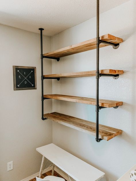 Industrial Shelves Diy, Industrial Wall Shelving, Shelves Made With Pipes, Metal Pipe Projects, Shelves With Pipes, Pipe Shelves Diy, Black Pipe Shelves, Piping Shelves, Diy Bar Shelf Ideas