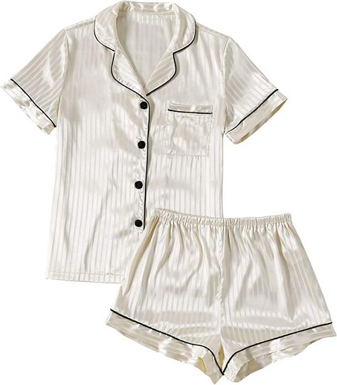 LYANER Women's Striped Silky Satin Pajamas Short Sleeve Top with Shorts Sleepwear PJ Set Champagne#2 X-Small at Amazon Women’s Clothing store Silk Pj Set, Shorts Sleepwear, Pijamas Women, Satin Pjs, Pajamas Short, Silk Pjs, Short Blanc, Top With Shorts, Silky Pajamas