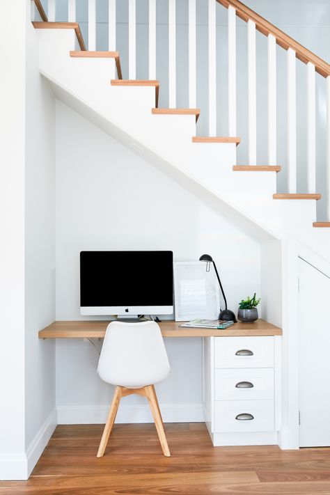 Desk Under Stairs, Office Under Stairs, Stair Bookshelf, Under Stairs Space, Coastal Home Office, Under Stairs Storage Ideas, Stairs Storage Ideas, Under Stairs Nook, Space Under Stairs