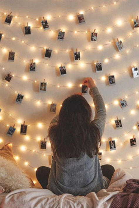 Create your own fairy tale picture wall art with these extraordinarily beautiful light strings. Use these pretty little lights with wooden pins, to create a romantic atmosphere to your bedroom, wedding, or for some other special, unforgettable moment. #bedroomdecor #teenroom #lights #photodisplay #fairylights #stringlights #weddingdecor Picture Wall Bedroom, Light Picture Wall, String Lights In The Bedroom, Best Christmas Lights, Fairy Lights Bedroom, Wedding Decoration Ideas, Outdoor Bedroom, Teenage Room