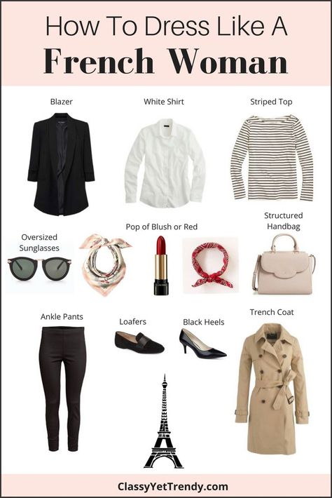 Find out what items you need in your closet to dress like a French Woman! French women have such great style!  Their outfits are always chic and beautiful.  If you search for “french outfit” or “french style” on Pinterest, you�’ll see hundreds of outfit ideas.  Most of the women are wearing classic essentials that you… Dress Like A French Woman, French Capsule Wardrobe, French Wardrobe, Classy Yet Trendy, French Lifestyle, French Women Style, Parisienne Chic, French Outfit, Fashion Capsule Wardrobe