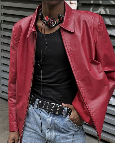 Men Red Jacket Outfit, Red Vintage Outfits Men, Style Leather Jacket Man, Leather Jacket Distressed, Mens Red Leather Jacket, Red Outfit Inspo Men, Red Grunge Aesthetic Outfits Men, Black And Red Men Outfit, Red Outfits Men Aesthetic