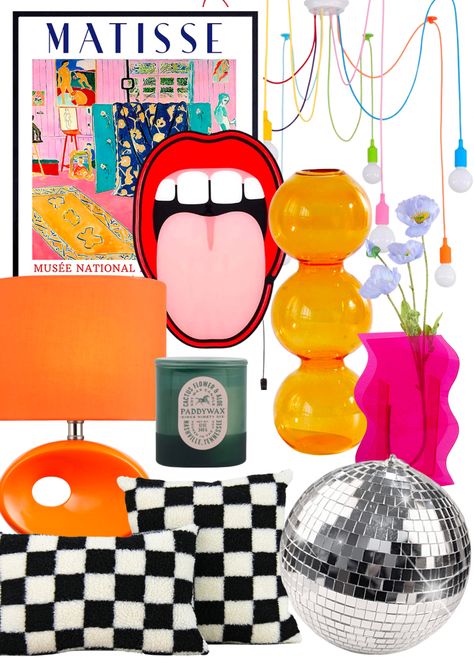 Black and white checkered throw pillows, pink vase, orange bubble vase, disco ball, green candle, neon sign, lips decor, Matisse print, orange lamp, colorful decor, eclectic aesthetic. Funky Unique Decor, Unique Eclectic Decor, Budget Maximalism, Funky Home Decor Living Room, Aesthetic Room Decor Colorful, Floating Shelves Maximalist, Disco Room In House, Disco Powder Room, Colorful Funky Living Room