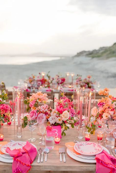 This colorful Cabo wedding is giving us boho Barbie vibes! Colorful Cabo Wedding, Mix And Match Tablescape, Colorful Romantic Wedding, Hot Pink Wedding Florals, Spring Wedding Colors Pink, Wedding Aesthetic Pink, Spring Wedding Ceremony Decor, All Pink Wedding, Pink Wedding Aesthetic