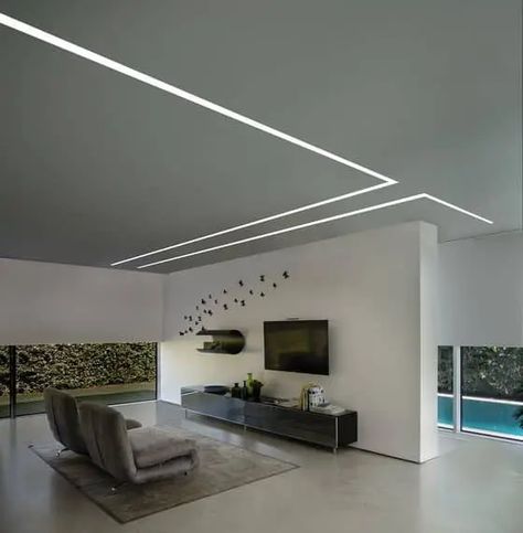 Modern Gypsum Ceiling Designs: 15 Best Examples For Inspiration Indoor Colour Ideas, Strip Lighting Ceiling, Living Room Lighting Ceiling, Linear Lighting Design, Home Design Ideas Living Room, Led Linear Lighting, Profile Lights, Living Room Designs Indian, Gypsum Design