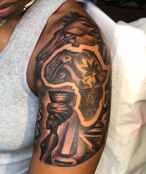 Some stories are told on paper and some sound and look better told on skin @nigerian_leo #africantattoos #nigeria #nigerian… Strength Tattoos For Men, Africa Tattoo, African Sleeve Tattoo, Tattoos Abstract, Tattoo Abstract, Arm Tattoos For Guys Forearm, Tattoos Japanese, Tattoos Watercolor, Africa Tattoos