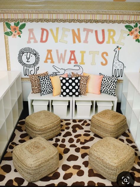 Elementary Classroom Boho Theme, Theme For Classroom Ideas, Boho Neutral Animal Print Classroom, Themed Classroom Ideas Elementary, Kindergarten Themed Classroom Ideas, Classroom Theme Upper Elementary, Preschool Themes For Classroom Decor, Fun Classroom Decor Preschool, Soft Classroom Decor