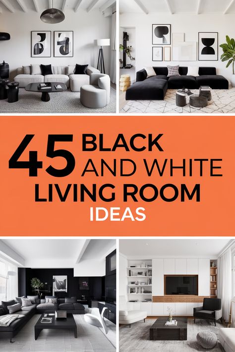 Looking for a bold and stylish way to update your living room? Black and white living room ideas offer a timeless and modern aesthetic.  Explore these designs for inspiration on incorporating black and white elements into your space, whether it's a statement sofa, sleek accent pieces, or a dramatic gallery wall. Black And White Theme Living Room Interior Design, Black And White Living Room Ideas Apartments, White With Black Living Room, Black White And Wooden Living Room, Black And White Monochrome Living Room, Off White Sectional Living Room Decor, Black White Living Room Ideas Modern, Black Sofa White Walls Living Rooms, Black And White Interior Design Modern Living Room