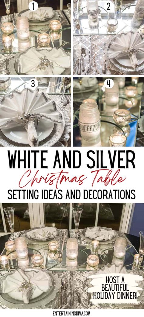 Silver Bells Christmas Table Decorating Ideas, Winter Wedding Table Decorations Silver White Christmas, White And Silver Table Settings, White And Silver Christmas Table Decor, Silver And White Christmas Table Decor, White Silver Christmas Table, Silver Christmas Table Settings, Silver And White Christmas Decor, White Christmas Table Decor