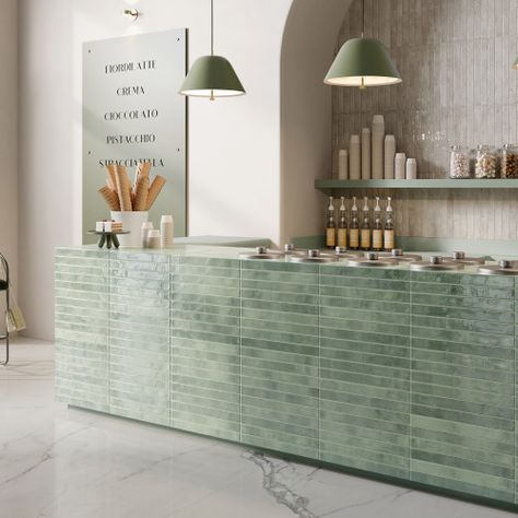 Matcha Bars, Bedrosians Tile, Green Cafe, Café Design, Gray Porcelain Tile, Calacatta Gold, Cafe Interior Design, Green Tile, Glass Mosaic Tiles