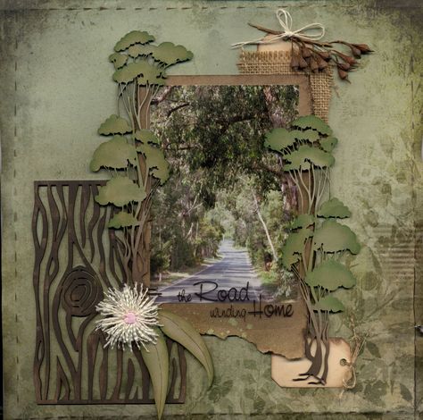 the Road winding Home - Scrapbook.com -- love the dimension on this page. I'm guessing the trees and wood are die cuts, but I can enjoy making custom work like this. Love the burlap too. Waterfall Scrapbook, Nature Scrapbook, Camping Scrapbook, File Decoration Ideas, Scrapbook Design Layout, Vacation Scrapbook, Collage Scrapbook, Family Scrapbook, Album Scrapbook