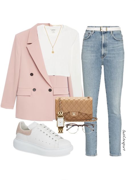 White And Pink Sneakers Outfit, Mango Blazer Outfit, Blush Blazer Outfit Casual, Blazer And Trainers Outfit, Pink Long Sleeves Outfit, Jean And White Outfit, Pink Alexander Mcqueen Sneakers Outfit, Alexander Mcqueen Trainers Outfit, Pink And Jeans Outfit