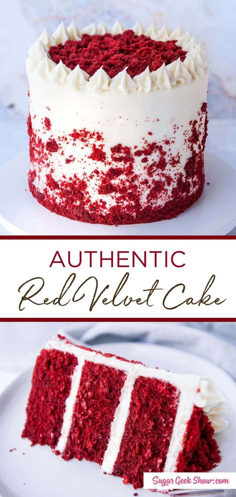 How to make an authentic moist red velvet layer cake with cream cheese frosting. If you've been wondering how to make a REAL red velvet cake, you need to try this recipe! Red velvet cake isn't just chocolate cake with red food coloring! True southern red velvet cake from scratch has buttermilk, vinegar, a little cocoa powder and a little vinegar that makes this cake super moist. #redvelvet #cake #recipe #fromscratch #oldfashioned #classic #creamcheese #frosting #moist #fluffy baking #homemade Real Red Velvet Cake Recipe, Small Deserts, Red Velvet Layer Cake, Bolo Red Velvet, Fluffy Frosting, Red Velvet Cake Recipe, Velvet Cake Recipes, Preppy Kitchen, Red Velvet Cheesecake