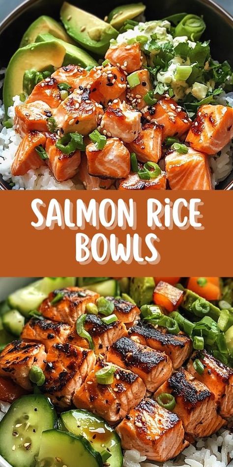 🐟🍚 These Salmon Rice Bowls are the perfect healthy meal for lunch or dinner! Packed with protein, Omega-3s, and fresh veggies, this dish is light yet filling. The crispy salmon pairs beautifully with a bed of rice, avocado, and your favorite toppings. Meal prep-friendly and full of flavor, these bowls are great for anyone looking for a nutritious and delicious meal! 🥑✨ #SalmonRiceBowl #HealthyEating #MealPrep #FishRecipes #HealthyLunch #EasyDinner #QuickMeals #SalmonRecipe #RiceBowls Cajun Salmon And Rice, Easy Healthy Dinner Salmon, Low Cholesterol Dinner Recipes For Family, Salmon Meal Prep For The Week, Salmon Bowl Dinner Ideas, Protein Packed Easy Meals, Thai Peanut Shrimp Rice Bowl, Recipes With Salmon Dinners, Healthy Food For The Week