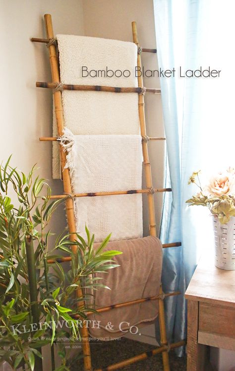 I have seen so many versions of DIY wooden ladders for the home.  I love these DIY ladders because, depending on the design, they work for towels, blankets, books, plants, CD’s, etc. and the look of a ladder goes with pretty much any decor. One thing I have yet to see, until today, is a … Blanket Ladder Ideas, Rustic Blanket Ladder, Bamboo Diy, Diy Ladder, Diy Blanket Ladder, Bamboo Decor, Funky Junk Interiors, Bamboo House, Blanket Ladder