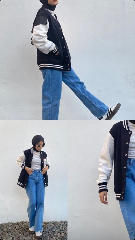 Baseball Jacket Outfit Hijab, Outfit Jaket Hijab, Varsity Jacket Outfit Hijab, Outfit Tomboy, Varsity Outfit, Baseball Jacket Outfit, Hijabi Styles, Varsity Jacket Outfit, Aesthetic Story