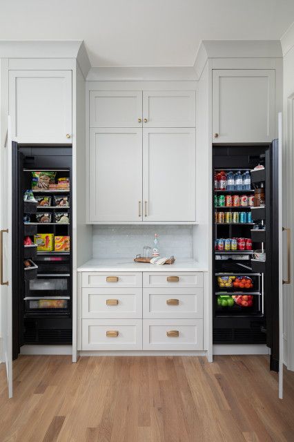 Cabinet Front Fridge/Freezer Opened - Beach Style - Kitchen - Charlotte - by Pike Properties | Houzz Hidden Refrigerator, Hidden Fridge, Kitchen Built Ins, Beautiful Pantry, Beach Style Kitchen, Jenn Air Appliances, Pantry Room, Fridge And Freezer, Modern Floor Plans