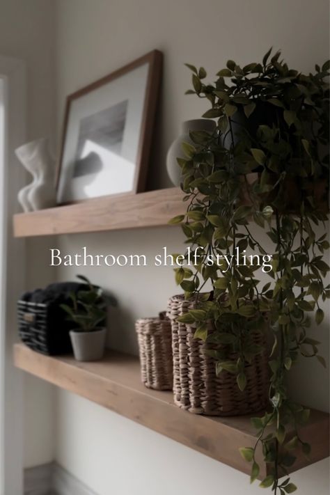 Shop 36" Floating Wood Shelf - … and other curated products on LTK, the easiest way to shop everything from your favorite creators. Bathroom Shelving Ideas Over Bathtub, White Oak Floating Shelves Bathroom, Restroom Shelf Decor, Guest Bathroom Shelves, What To Put On Bathroom Shelves, Bathroom Floating Shelf Decor, Floating Shelf In Bathroom, Modern Organic Bathroom Decor, Bathtub Shelf Ideas