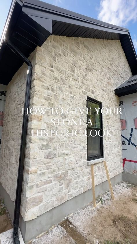 KRISTA MCVEIGH • cozy, collected canadian home | Sooo many questions on how we achieved this historic look on our stone, and the answer is white over-grout! Whether you’re doing it… | Instagram White Washed Stone House Exterior, Painting Stone House Exterior, White Wash Stone Exterior House, Stone With White Brick Exterior, Stone Bump Out Exterior, Over Grout Stone Exterior, Austin White Stone Exterior, Over Grouted Fireplace, Old World Stone Exterior